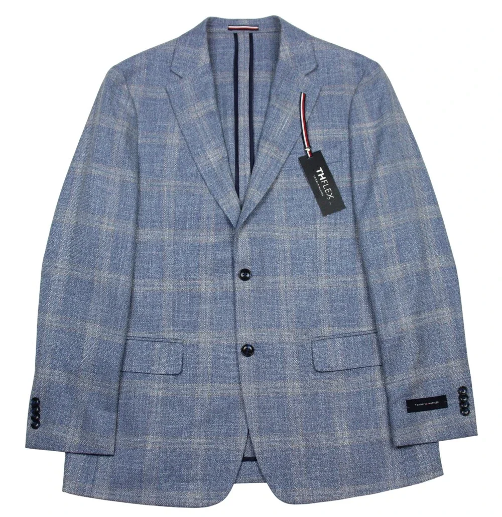 Tommy Hilfiger Gene Sport Coat Mens 40 R Light Blue Plaid TH FLEX Stretch Blazer